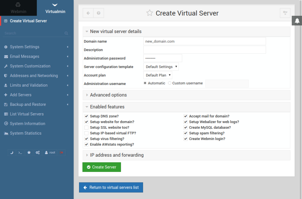 Create virtual server in Virtualmin